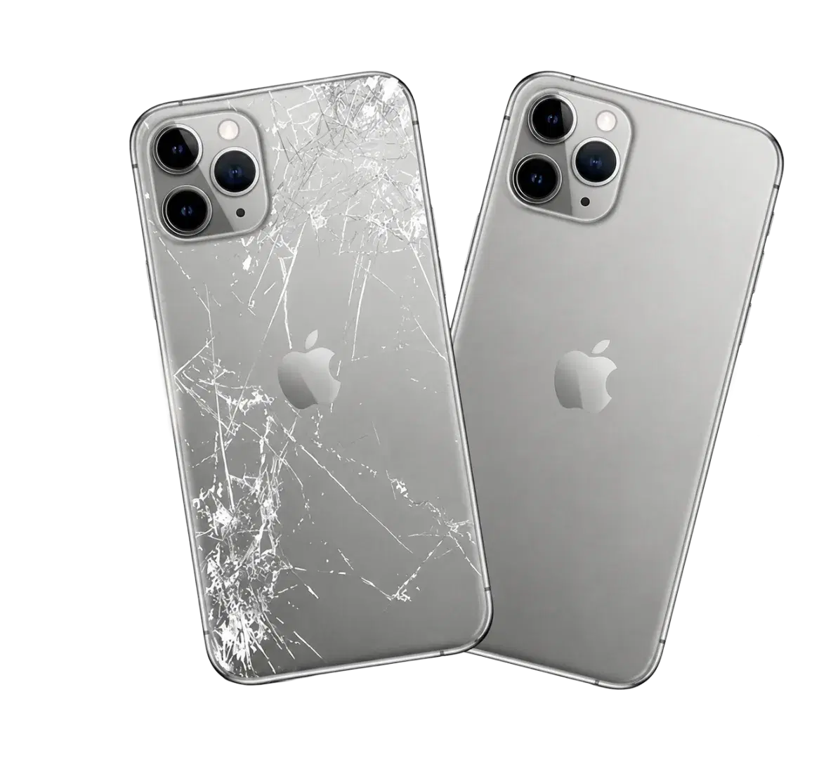 Zwei iPhones — eines mit gesprungener Rückseite, eines repariert