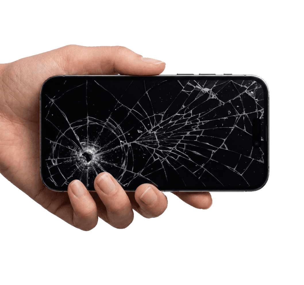 Hand hält ein Smartphone mit gesprungenem Display